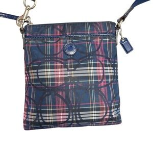 Coach Poppy Tartan Plaid Signature crossbody bag in blue pink plaid canvas